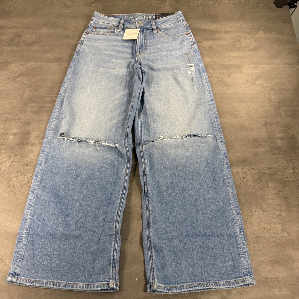American Eagle Jeans Women 0 Short Baggy Wide Leg Blue Distressed NEW
